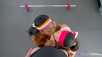 Ebony And Latina Pair Threesome In Gym